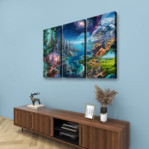 A three-panel canvas wall art set depicting a fantasy landscape with glowing spires, water, mountains, and colorful sky, displayed above a wooden console in a styled room.
