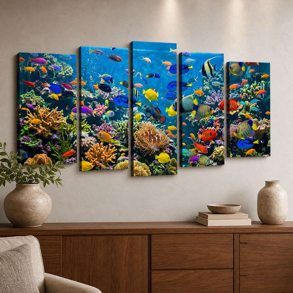 Colorful Fish Aquarium Canvas Wall Art — Vibrant Multi-Panel Print