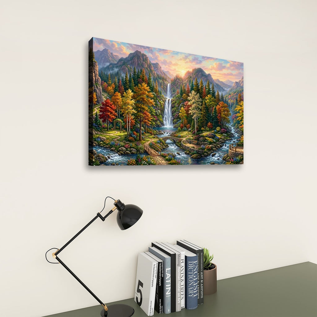 Waterfall Landscape Mountain Multi-Color Scene 5-Panel Canvas Wall Art