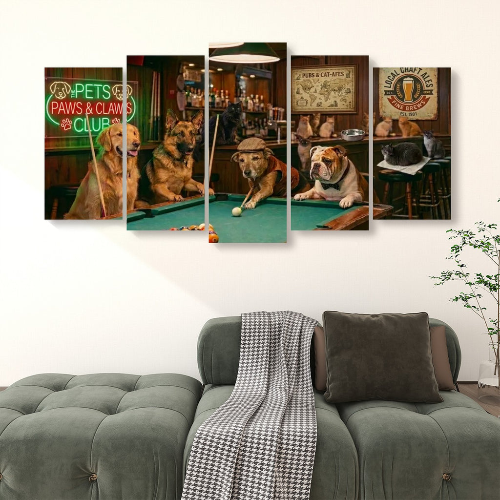 A 4-panel canvas wall art set depicting dogs playing pool in a bar, displayed on a white wall above a green velvet sofa with a checkered throw blanket.