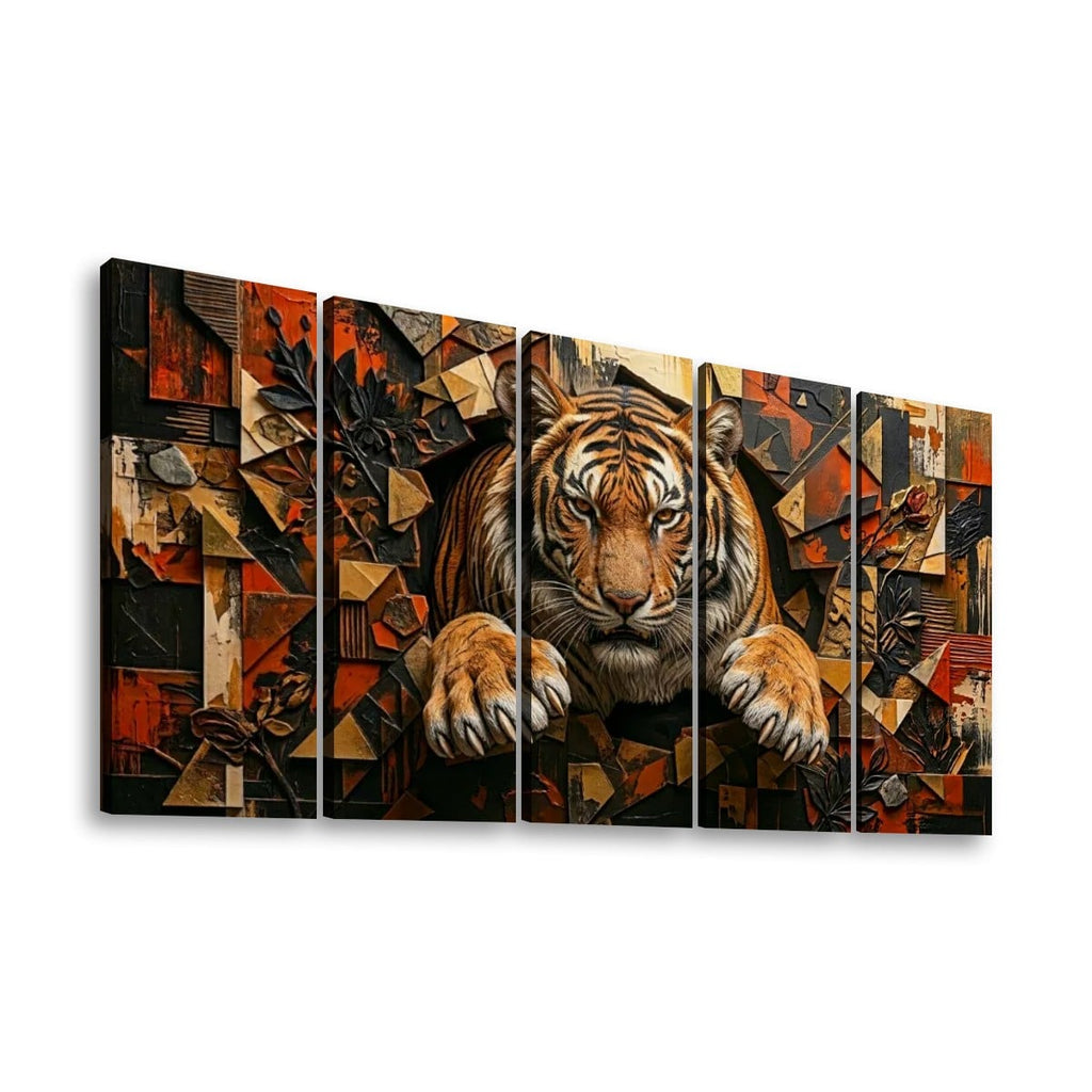 A five-panel canvas wall art set depicting a tiger emerging from a geometric, collage-like abstract background in orange, black, brown, and beige tones, shown against a plain white background.