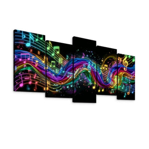 A 5-panel canvas wall art set featuring a vibrant, colorful musical theme with neon rainbow waves, musical notes, and sheet music on a black background, displayed against a clean white wall.