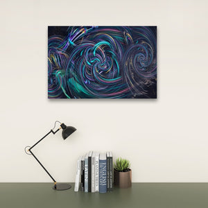 Abstract wall art featuring swirling cosmic patterns in deep blue, teal, purple, and pink, displayed on a light beige wall above a dark green table with a black desk lamp, books, and a small succulent.