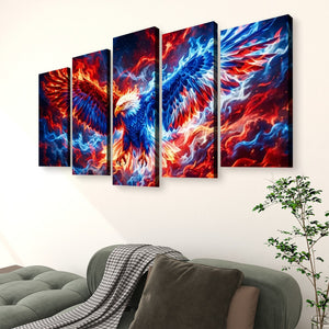 A 5-panel canvas wall art set depicting a dramatic fiery eagle in red, blue, and orange tones, displayed above a green sofa in a modern living room setting.
