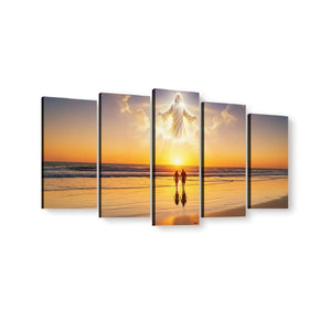 A five-panel canvas wall art set depicting a beach sunset scene with ocean waves, golden sky, and a glowing figure above two small silhouetted figures on the shore.