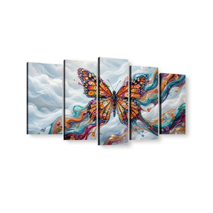 A five-panel canvas wall art set depicting a colorful Monarch  butterfly over a soft white and blue cloudy background with swirling blue, orange, purple, and teal abstract paint details.