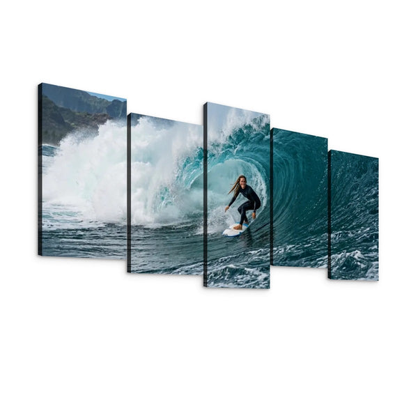 A five-panel canvas wall art set depicting a surfer riding inside a large curling ocean wave, shown against a plain white background.