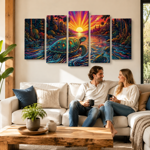 Abstract Turtle & Baby Turtles — River at Sunset Canvas Wall Art