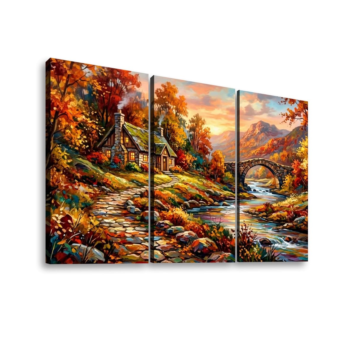 A three-panel canvas wall art set depicting a colorful autumn landscape with a stone cottage, bridge, flowing stream, and mountains under a warm sky.