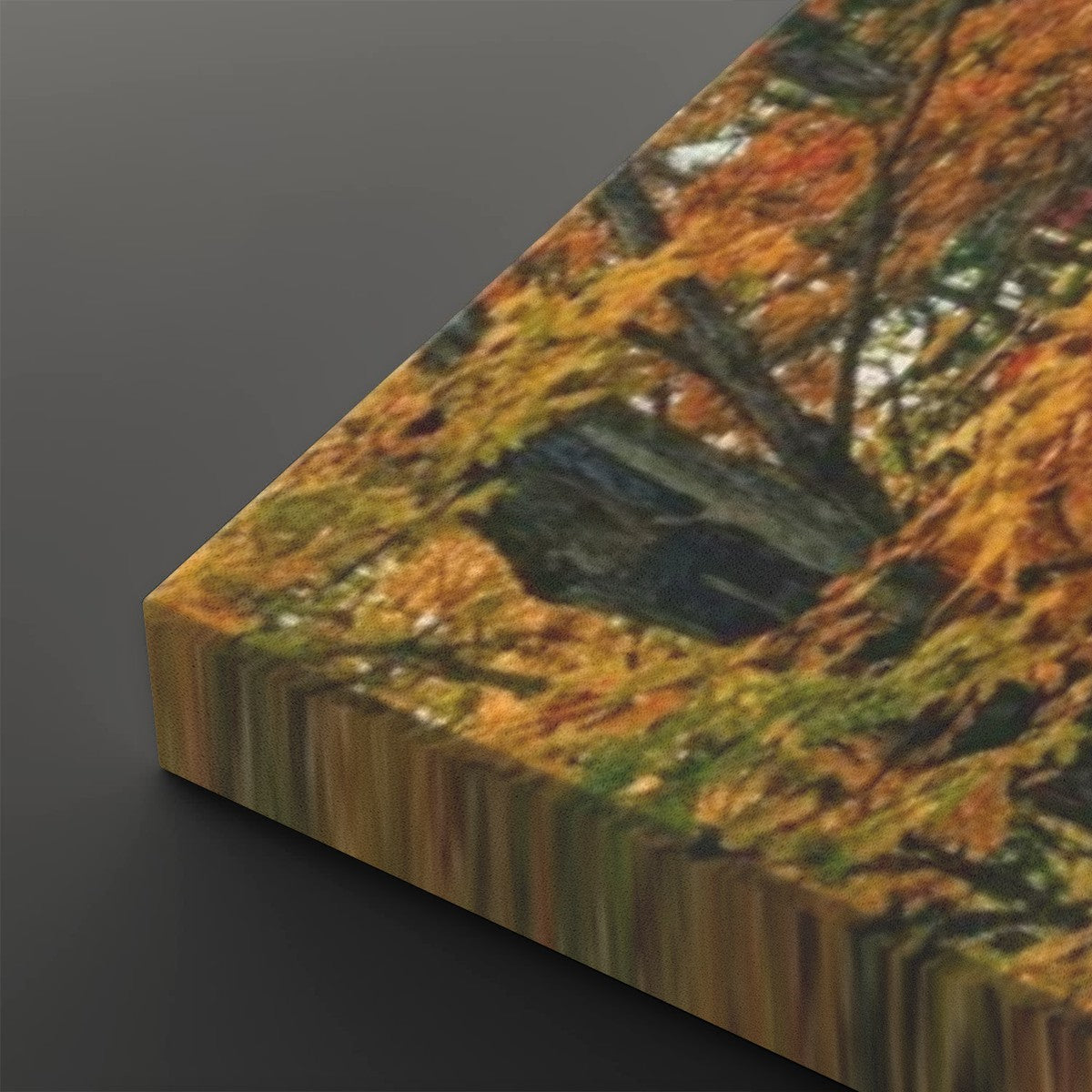 A close-up of a rectangular canvas or print showing an autumn forest scene with orange, yellow, green, and brown foliage, photographed against a dark gray background.