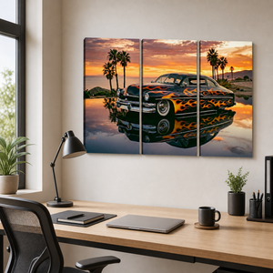 1951 Mercury Sled Canvas Wall Art – Slammed Black Flames Sunset Reflection | 5-Panel Classic Car Print