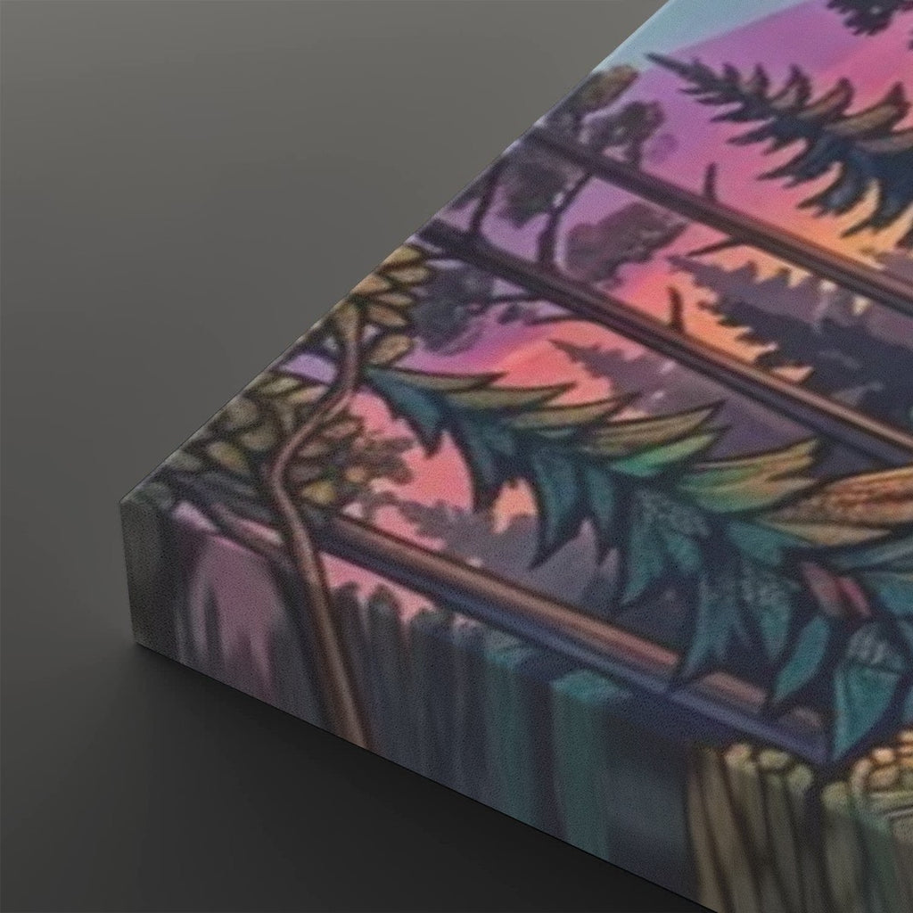A close-up of a rectangular canvas or print showing a stylized forest scene with fern-like leaves and a pink-purple sky, photographed at an angle on a dark gray background.