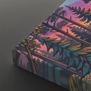 A close-up of a rectangular canvas or print showing a stylized forest scene with fern-like leaves and a pink-purple sky, photographed at an angle on a dark gray background.