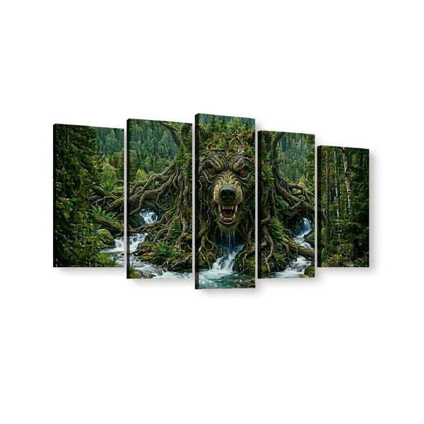 A five-panel canvas wall art set depicting a giant tree root or beast head rising from a forest stream, with waterfalls and dense green woods around it, shown against a plain white background.