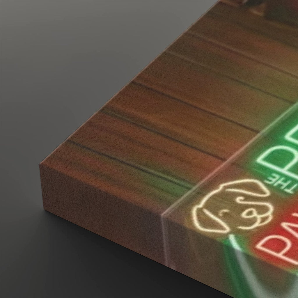 A close-up of a rectangular acrylic wall sign showing a warm brown wood-grain background with glowing neon-style text and a dog outline in green, red, and yellow.