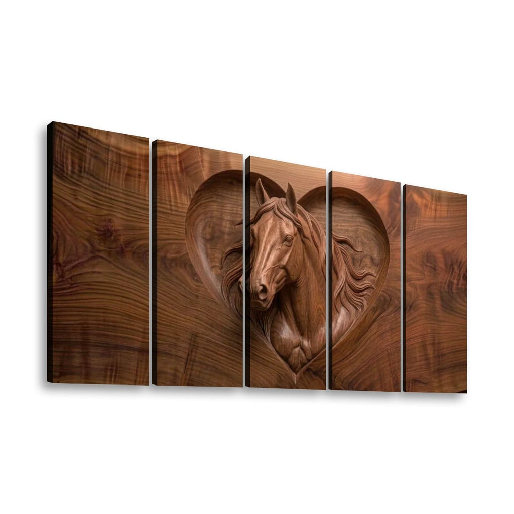 Wood Sculpture Horse Head with Heart 5-Panel Canvas Wall Art