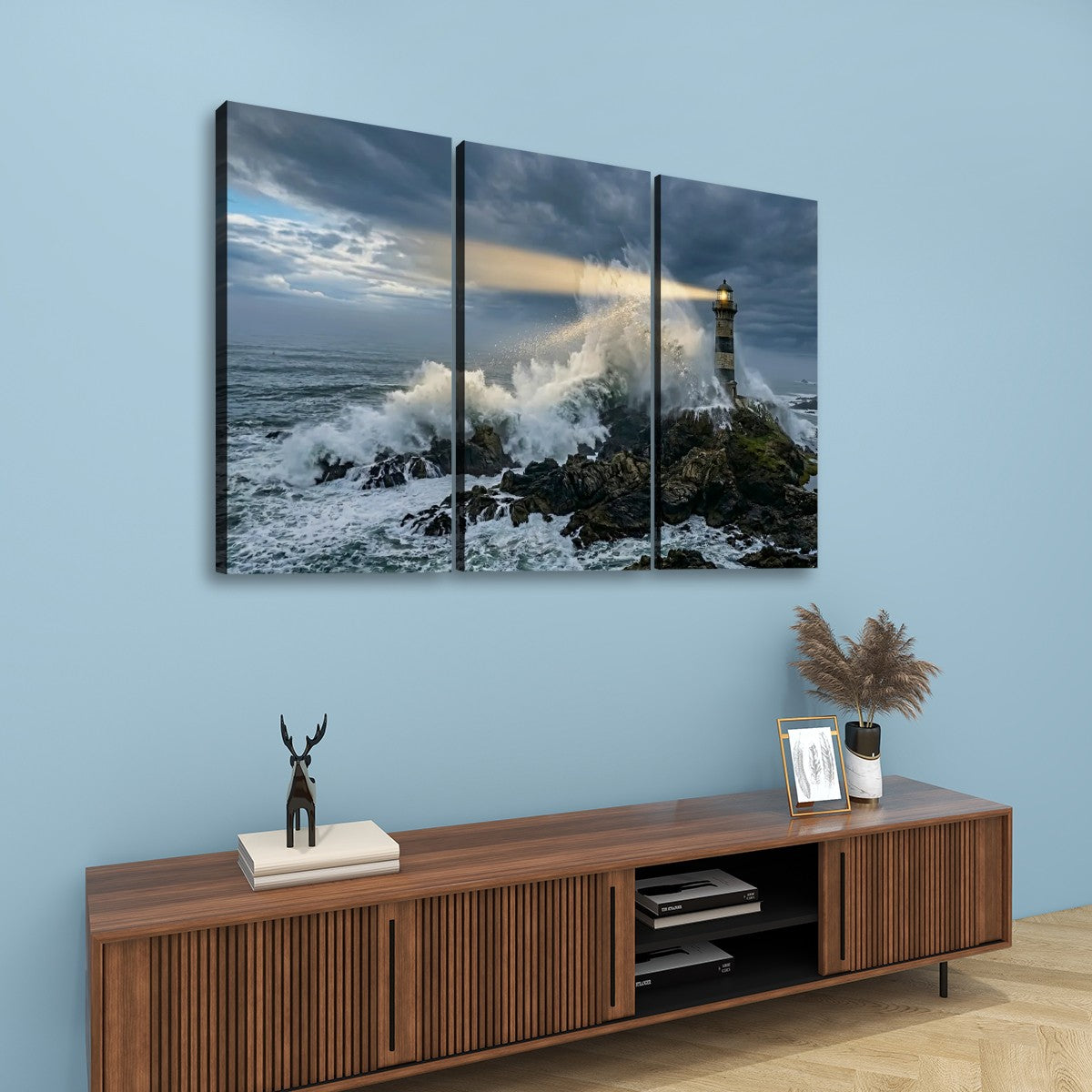 Stormy Lighthouse Canvas Wall Art – Dramatic Coastal Storm Scene | 1, 3 & 5 Panel Home Décor Print