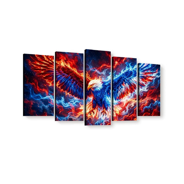 A 5-panel canvas wall art set depicting a dramatic eagle with wings glowing in red and blue against a dark cosmic background, shown on a plain white wall.