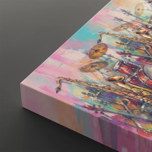 A close-up of a square canvas print showing a colorful abstract painting of musical instruments, including a saxophone, drums, and cymbals, on a dark gray background.