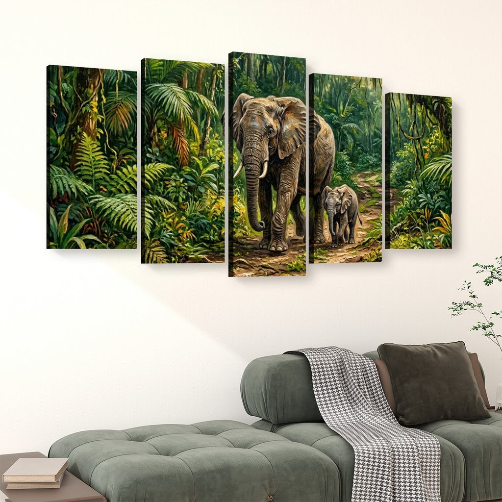 A five-panel canvas wall art set depicting a jungle scene with an adult elephant and a baby elephant walking along a path, displayed above a green sofa in a living room setting.
