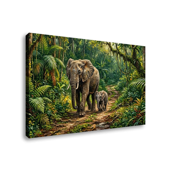 A rectangular canvas wall art print showing a large elephant and a baby elephant walking along a forest path, photographed against a plain white background.