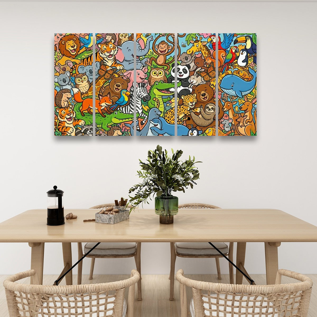 Wild & Whimsical Cartoon Animal Collage Kids Canvas Wall Art | 1, 3 & 5 Panel Playroom & Bedroom Print