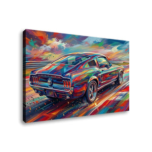 A colorful canvas wall art print depicting a classic Ford Mustang sports car in a dynamic, abstract brushstroke style. The artwork features a rich mix of vibrant colors including blue, red, orange, yellow, and green, set against a clean white background.