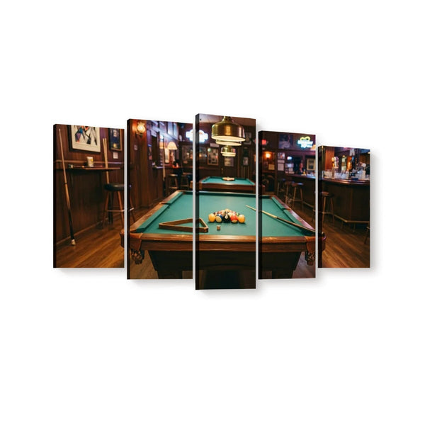 A five-panel canvas wall art print depicting a dimly lit pool hall with a green billiards table, wooden bar cabinets, stools, and warm ambient lighting, shown against a plain white background.