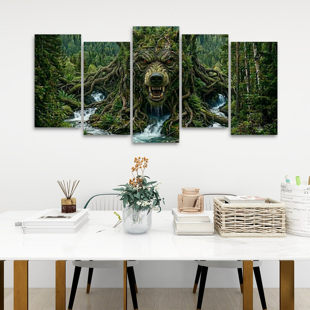 A five-panel canvas wall art set depicting a giant tree root and bear face in a lush green forest with waterfalls, displayed on a white wall above a styled white table with books, a basket, and a vase.