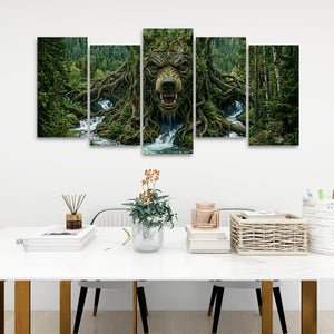 A five-panel canvas wall art set depicting a giant tree root and bear face in a lush green forest with waterfalls, displayed on a white wall above a styled white table with books, a basket, and a vase.