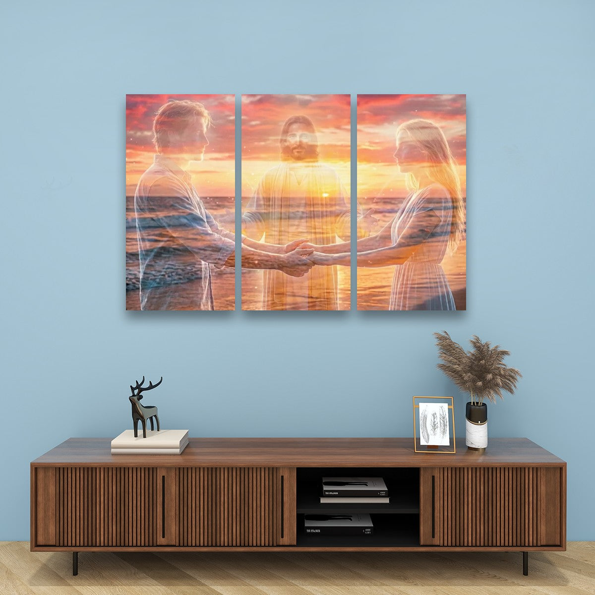 Jesus Christ Loving Couple Sunset Beach 5 Panel Level Canvas Wall Art