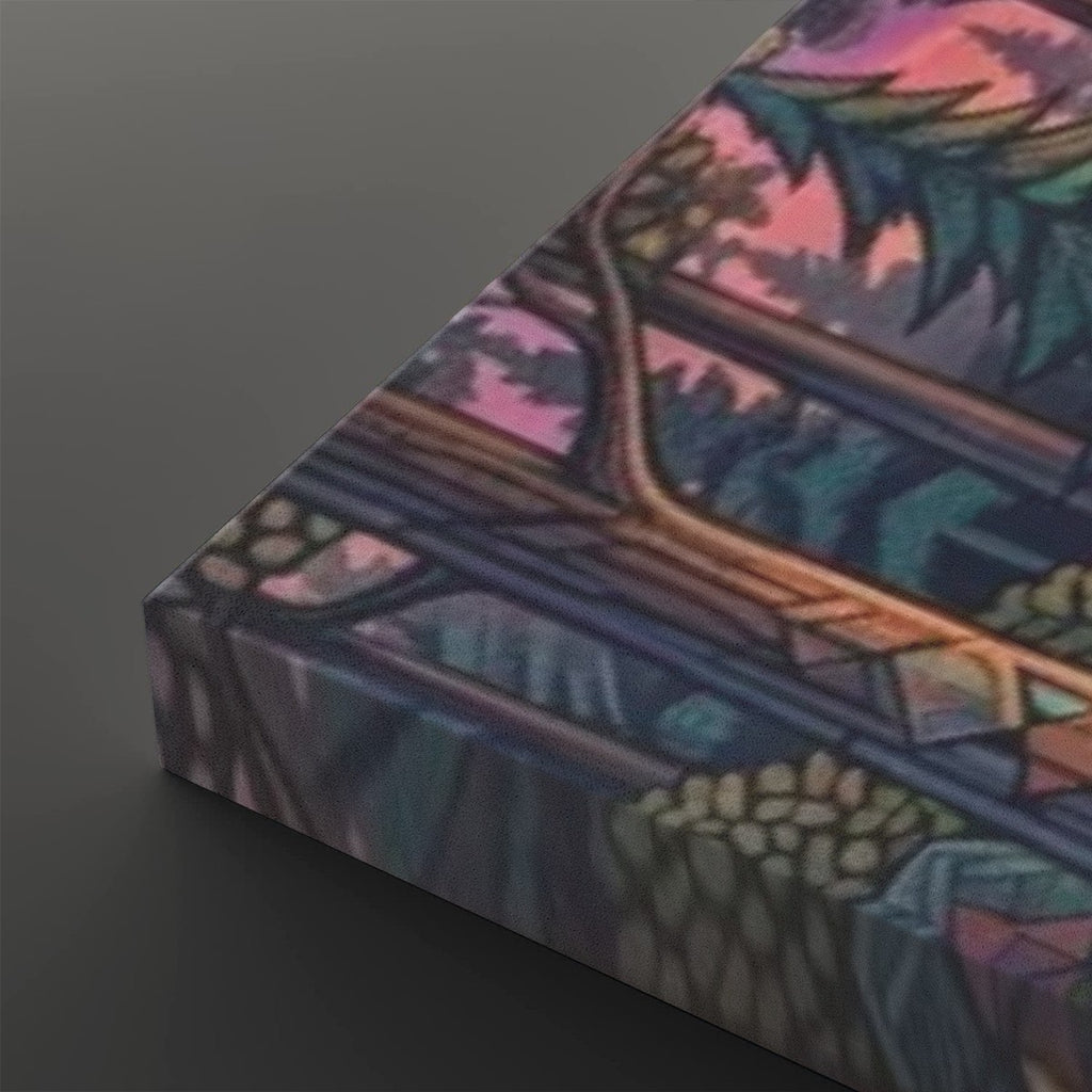 A close-up of a rectangular product with a colorful stained-glass-style illustration, shown at an angle on a dark gray background. The design features pink, purple, blue, green, and gold tones.