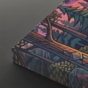 A close-up of a rectangular product with a colorful stained-glass-style illustration, shown at an angle on a dark gray background. The design features pink, purple, blue, green, and gold tones.