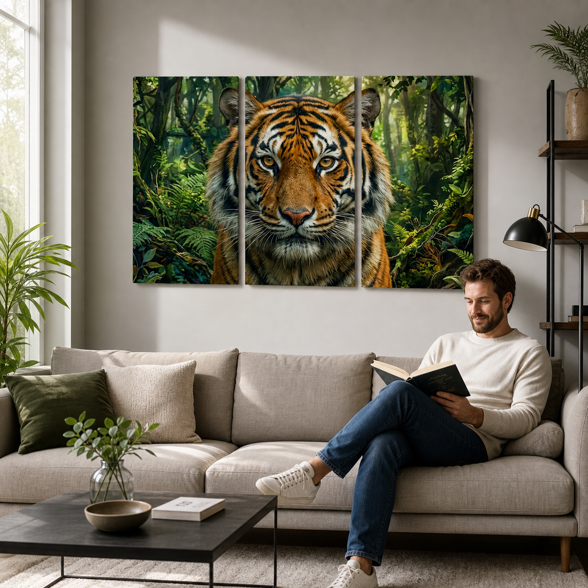 A man sits on a beige sofa in a modern living room, reading a book. The wall above the sofa features a three-panel canvas wall art set depicting a close-up tiger face in a lush green jungle.