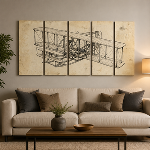 A five-panel canvas wall art set depicting a vintage biplane in black line art on a textured beige background, displayed above a modern beige sofa in a styled living room.
