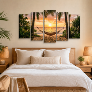Drift Into Sunset – Hammock & Palm Trees 5-Panel Canvas Wall Art
