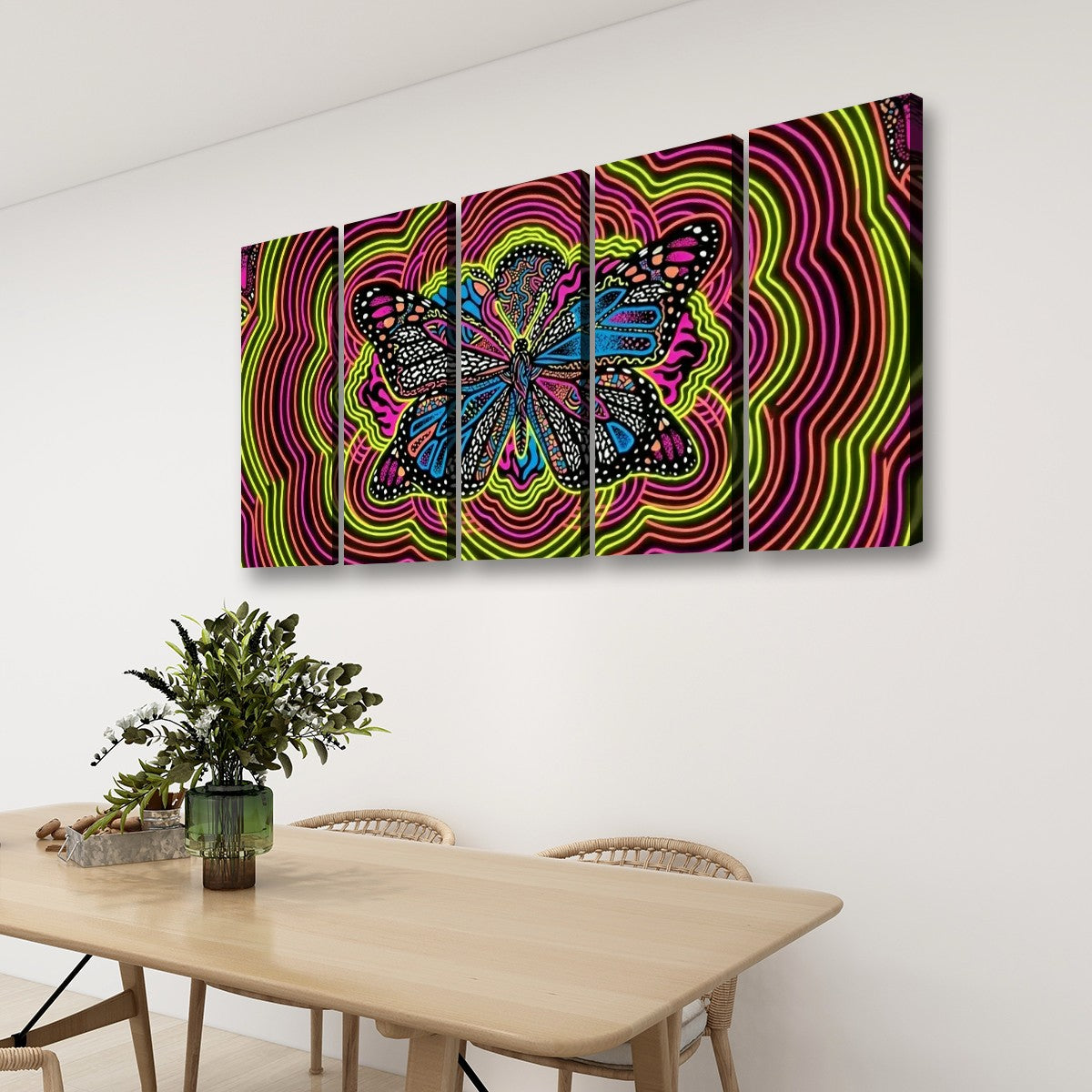 Neon Wings Psychedelic Butterfly Canvas Wall Art – Vibrant Abstract Print | 1, 3 & 5 Panel
