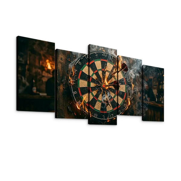 A five-panel canvas wall art set depicting a close-up of a dartboard with flaming darts embedded in it, set against a dark, smoky bar-like background.