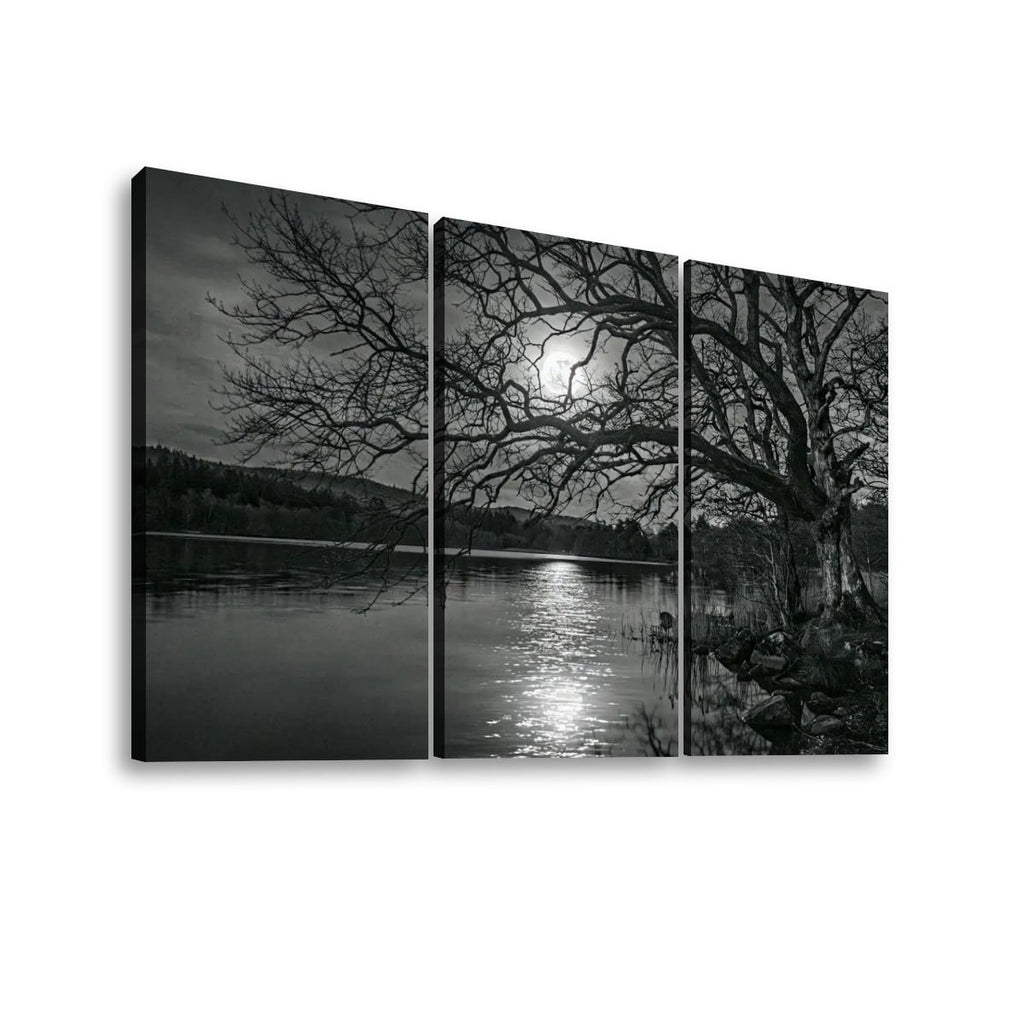 Three-panel black and white canvas wall art showing a lakeside landscape with bare tree branches, dark shoreline, and bright moonlight reflection on the water, displayed against a white background.