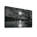 Three-panel black and white canvas wall art showing a lakeside landscape with bare tree branches, dark shoreline, and bright moonlight reflection on the water, displayed against a white background.