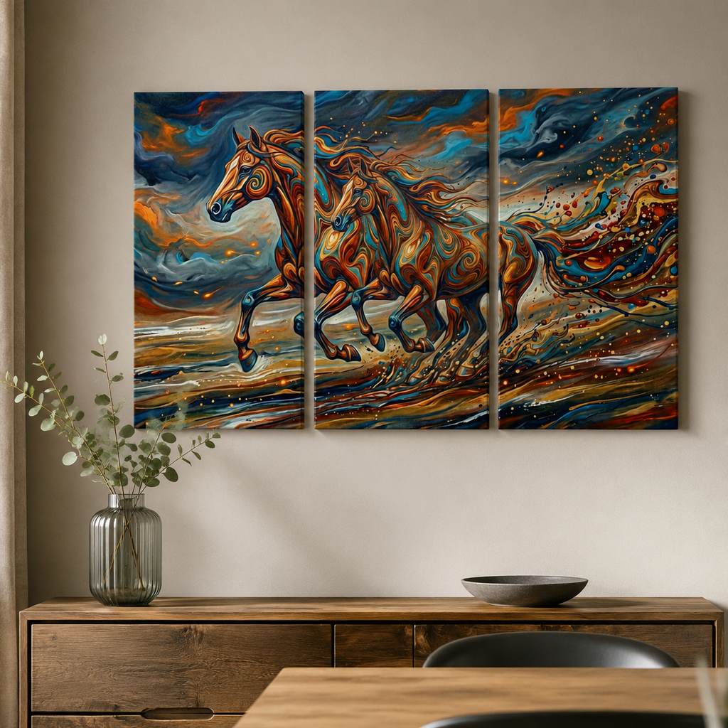 A three-panel canvas wall art set depicting two galloping horses in a dynamic, colorful painting, displayed on a beige wall above a wooden console table with a vase of greenery.