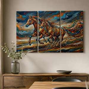 A three-panel canvas wall art set depicting two galloping horses in a dynamic, colorful painting, displayed on a beige wall above a wooden console table with a vase of greenery.