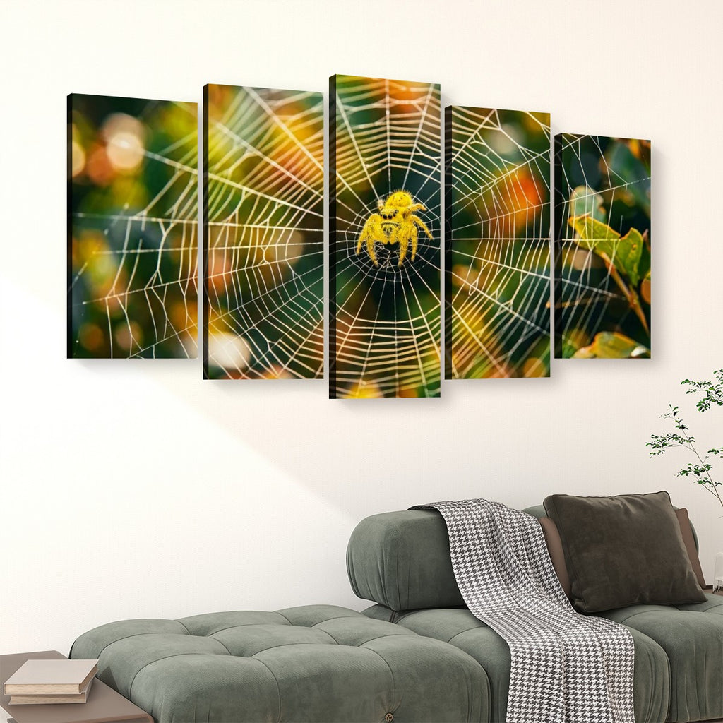 A five-panel canvas wall art set depicting a yellow  jumping spider on a detailed cobweb with warm green and orange bokeh background, displayed above a green sofa in a modern living room setting.
