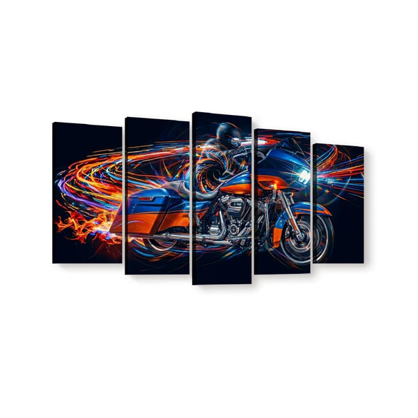 A 5-panel canvas wall art set depicting a Road Glide type motorcycle with vibrant orange, blue, and red light trails on a dark background, shown against a plain white wall.
