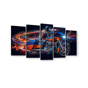 A 5-panel canvas wall art set depicting a Road Glide type motorcycle with vibrant orange, blue, and red light trails on a dark background, shown against a plain white wall.