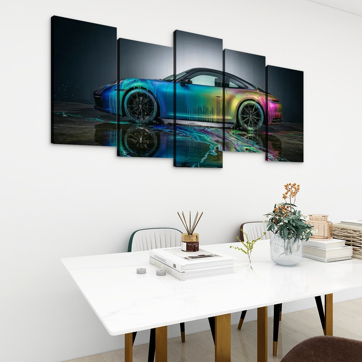 A 5-panel canvas wall art set depicting a vibrant, iridescent rainbow sports car on a glossy wet road with a reflection, displayed on a white wall above a modern dining table.