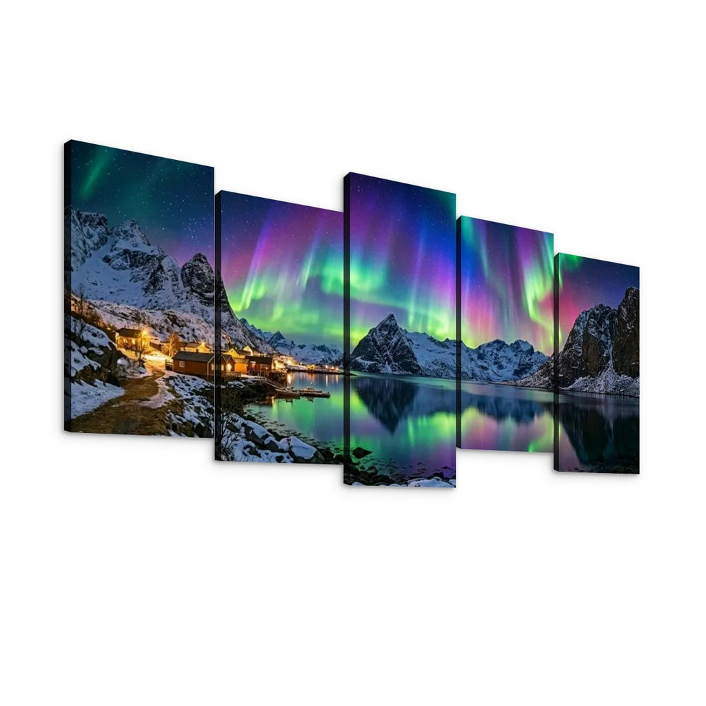 Northern Lights Over the City — 5 Panel Level Canvas Wall Art