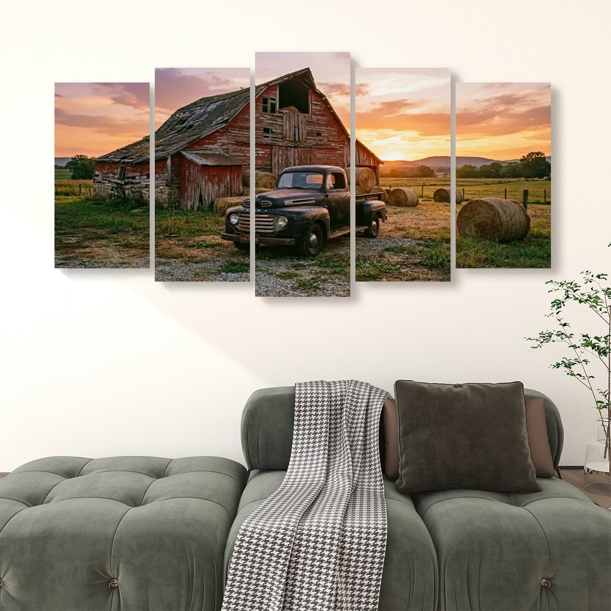 Ford F1 Patina Truck Canvas Wall Art – Old Barn Sunset | 1, 3 & 5 Panel Classic Truck Print