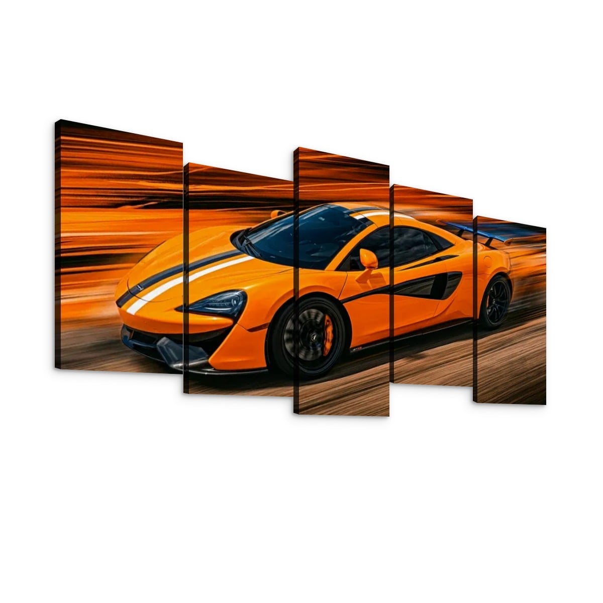 A five-panel canvas wall art set depicting a bright orange sports car with black and white racing stripes, shown from a dynamic side angle against a blurred orange and brown background.