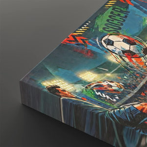 A rectangular canvas wall art print featuring a colorful soccer-themed illustration, shown at an angle on a dark gray background. The artwork depicts a soccer ball, stadium lights, and players in action with the word 'SOCCER' visible.